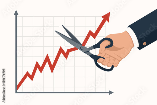 Businessman hand cutting rising growth arrow with scissors on financial chart background - market intervention and economic control concept vector illustration