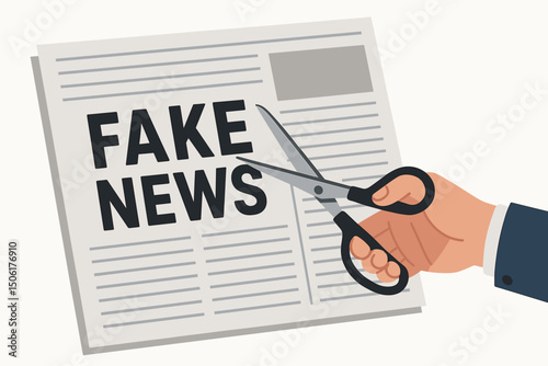 Hand with scissors cutting fake news newspaper - media manipulation misinformation disinformation censorship concept vector illustration