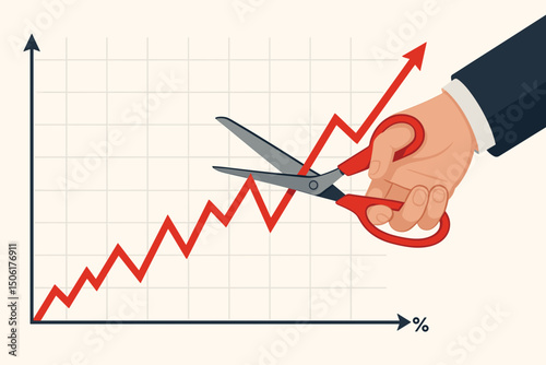 Business hand with scissors cutting rising red growth arrow on financial market chart grid background representing economic intervention vector illustration