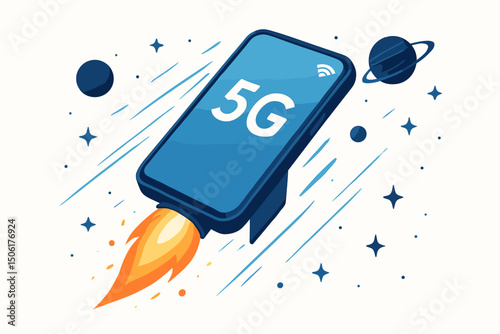 High-speed 5G smartphone rocket launching through cosmic space with blazing flames - futuristic mobile technology and ultra-fast internet connectivity concept