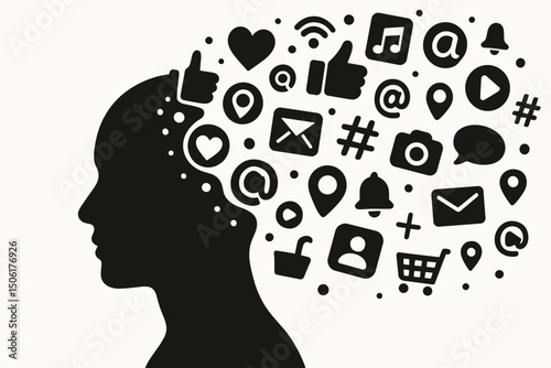 Human head profile with social media icons floating out representing digital overload, information addiction, technology stress and modern communication impact