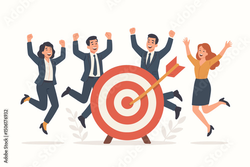 Successful diverse business team celebrating achievement with target bullseye and arrow vector illustration for corporate goal success concept