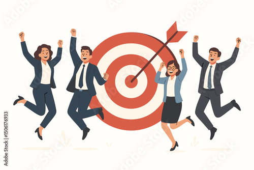 Business team celebrating success jumping with joy around red target bullseye with arrow hitting center goal achievement vector illustration