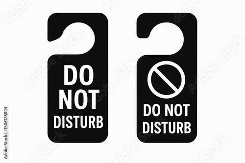 Professional black do not disturb door hanger signs set with prohibition symbol - Modern hotel privacy signage vector graphics for hospitality industry and accommodation services
