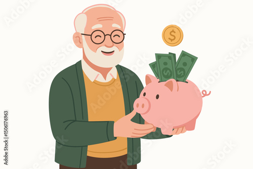 Happy elderly grandfather holding piggy bank full of money bills and golden coin vector illustration for retirement savings and financial planning concept