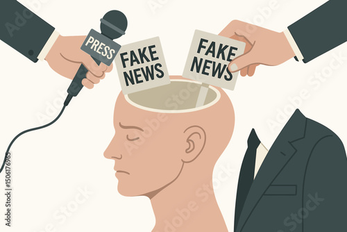 Media manipulation and fake news concept vector illustration depicting hands inserting misinformation cards into open human head with press microphone