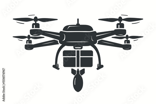 Modern quadcopter drone with cargo payload silhouette vector icon perfect for delivery services, logistics technology and unmanned aerial vehicle applications