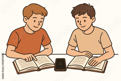 Two young students enjoying digital detox reading session with books while smartphone stays unused on table - vector illustration of focused learning