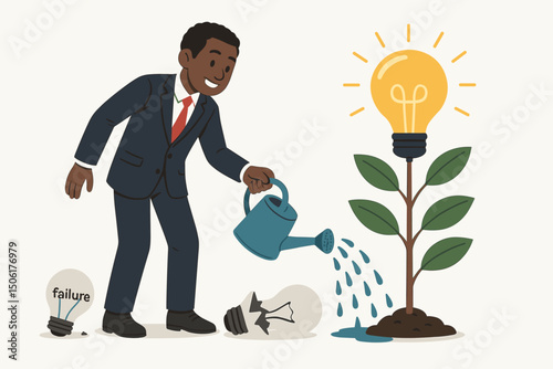 Creative business innovation concept with African American entrepreneur watering idea lightbulb plant, turning failure into successful growth vector