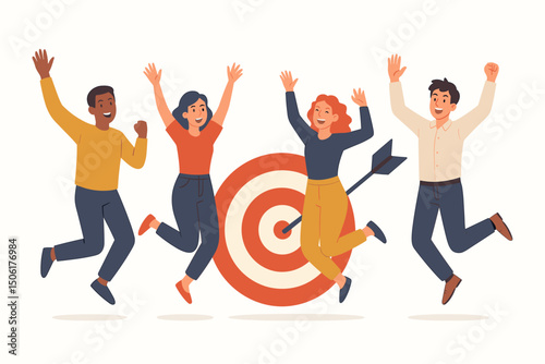 Diverse team celebrating success achievement with target bullseye arrow hitting center goal reached vector illustration of happy excited people jumping