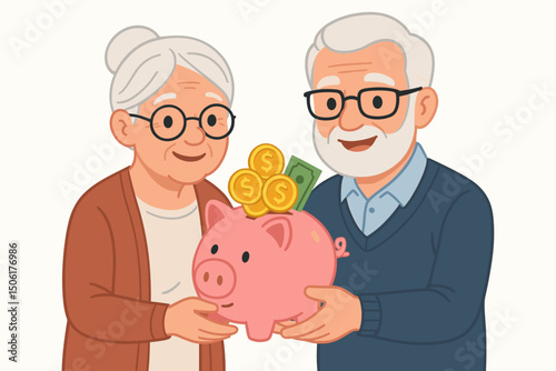 Senior couple smiling while holding pink piggy bank with golden coins and cash for retirement financial planning and savings security concept