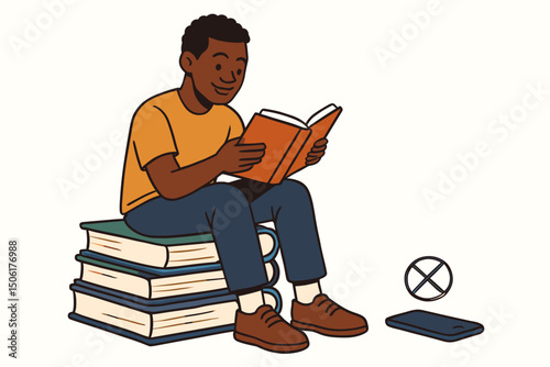 Cheerful young Black man in orange shirt reading book while sitting on stack of books, digital detox and education concept vector illustration
