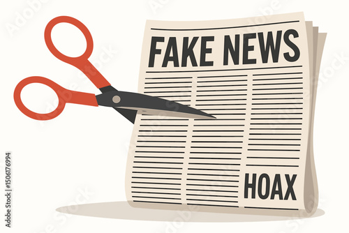 Red scissors cutting through fake news newspaper with hoax headlines - media literacy and fact-checking concept vector illustration