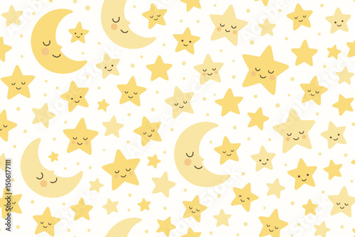Cute Kawaii Stars and Moon Seamless Pattern Vector - Adorable Baby Nursery Design with Sleepy Celestial Characters in Soft Yellow Gold Sweet Colors