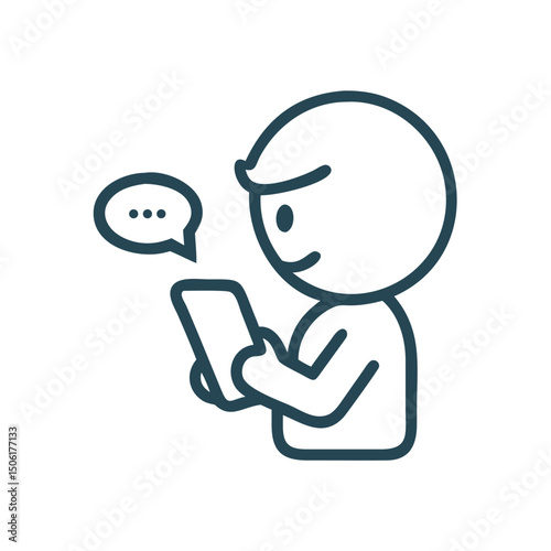 Child texting on smartphone screen with speech bubble on minimalistic white background for children's telecom products