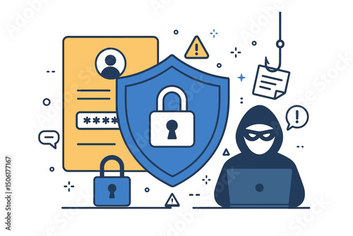 Cybersecurity data protection vector illustration with hacker threat, security shield, phishing attack and password breach concept design