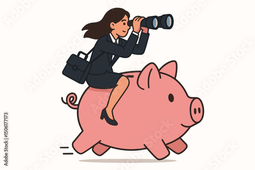 Confident businesswoman with binoculars riding pink piggy bank searching for profitable investment opportunities and financial growth success vector