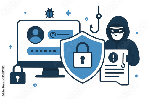 Cybersecurity threat protection illustration featuring hooded hacker, security shield defense, phishing scams and malware attacks on digital computer data