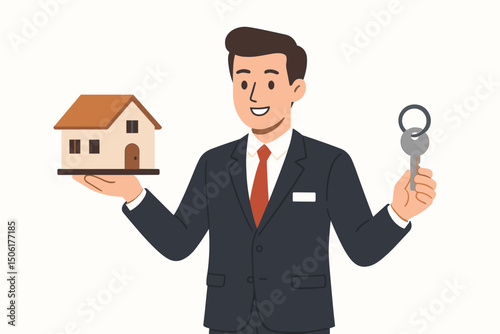 Professional real estate agent businessman holding miniature house and key for property sales presentation vector illustration flat style design