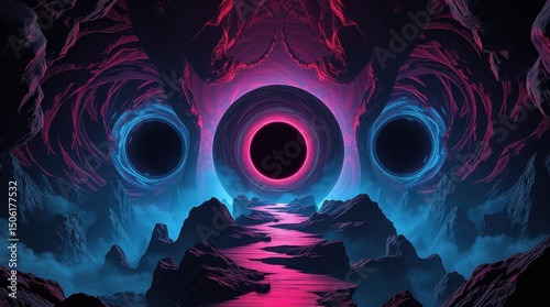 Futuristic Vortex Landscape with Black Hole Portals and Neon Terrain