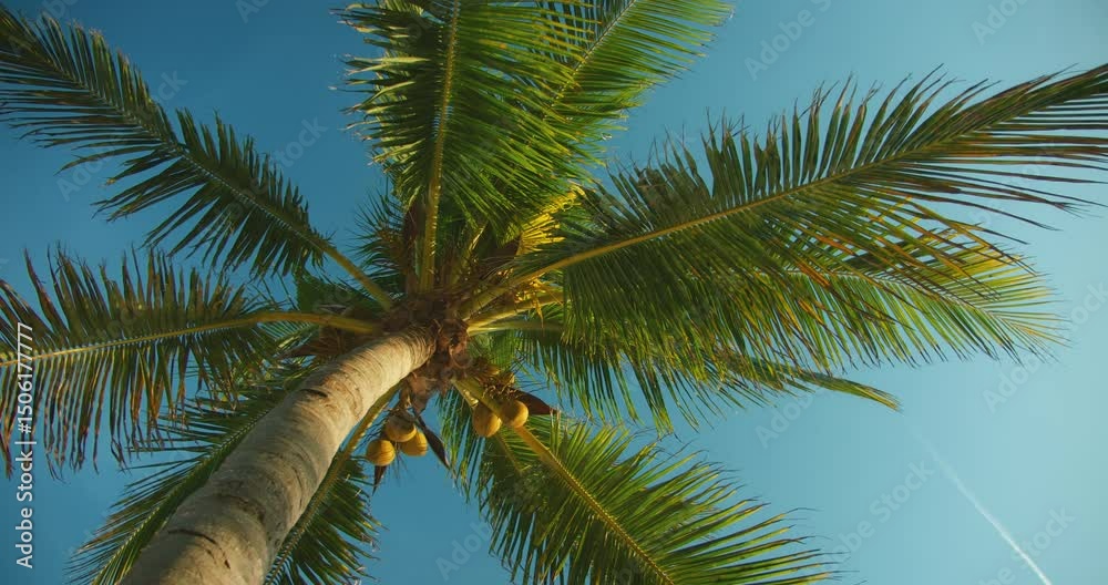 View from below of a coconut palm tree against a vibrant blue sky View from below of a coconut palm tree against a vibrant blue sky