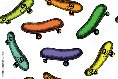 Skateboard repeat print. Skate board seamless pattern. Hand-drawn skateboarding textured illustration. Vector seamless repeat pattern.