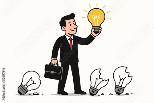 Creative businessman holding bright glowing lightbulb innovation breakthrough concept with broken failed ideas surrounding successful solution vector