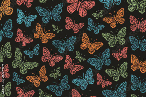 Colorful chalk drawn butterflies seamless pattern on black background with vibrant blue green orange red butterfly illustrations for textile and fabric design