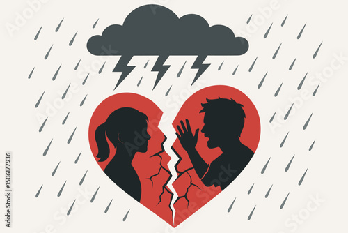 Broken heart with arguing couple silhouettes during thunderstorm - relationship breakup, divorce conflict, emotional pain and heartbreak concept vector illustration