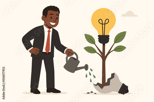 Successful African American businessman watering glowing light bulb tree sprouting from cracked ground representing innovation growth after failure business concept