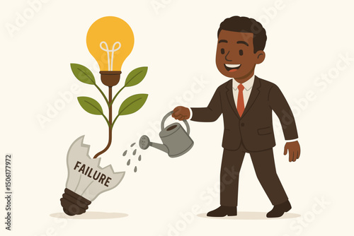 Businessman watering creative idea plant growing from failure - innovation, entrepreneurship and business growth after setback vector illustration