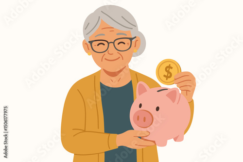 Happy elderly woman with glasses depositing gold dollar coin into pink piggy bank vector illustration for retirement savings and financial planning concepts