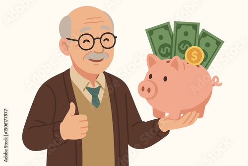 Happy elderly businessman showing thumbs up with piggy bank full of money bills and coins - retirement savings financial independence success vector illustration