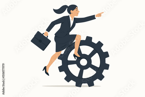 Ambitious businesswoman running forward on gear wheel pointing ahead with briefcase vector illustration concept of business progress and leadership