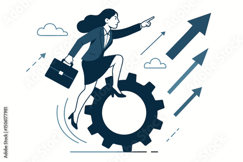 Ambitious business leader running on mechanical gear wheel with briefcase pointing toward future growth and upward trending success arrows