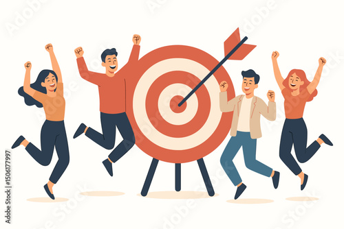 Successful business team celebrating achievement with target bullseye and arrow hitting center - teamwork victory and goal accomplishment concept vector