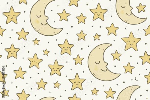 Cute kawaii seamless pattern with smiling crescent moons and stars on light background for children nursery decor and baby textile design