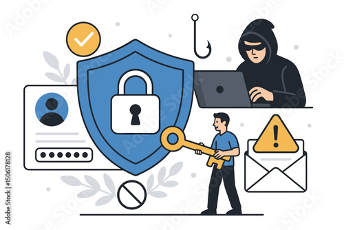 Cybersecurity data protection vector illustration with hacker threat, blue security shield, golden authentication key, password safety, and digital privacy elements