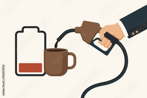 Business professional hand refueling brown coffee mug with gas pump nozzle metaphor for morning caffeine energy recharge boost vector illustration concept