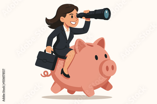 Confident businesswoman riding piggy bank while looking through telescope, financial opportunity scouting and investment vision vector illustration