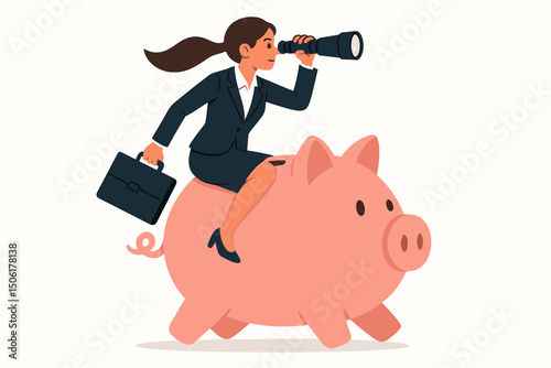 Confident businesswoman with telescope riding giant piggy bank searching for investment opportunities and financial growth business strategy concept
