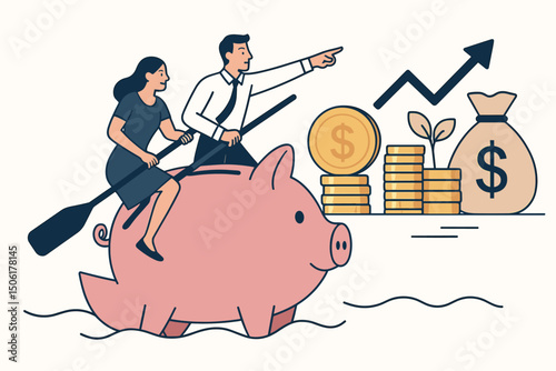 Business team riding giant piggy bank toward financial success with growing investments, money stacks and upward growth arrow vector illustration