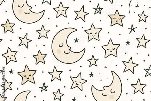 Kawaii Moon and Stars Seamless Pattern with Cute Smiling Celestial Faces - Adorable Night Sky Design for Baby Nursery, Children's Decor and Sweet Dreams Theme