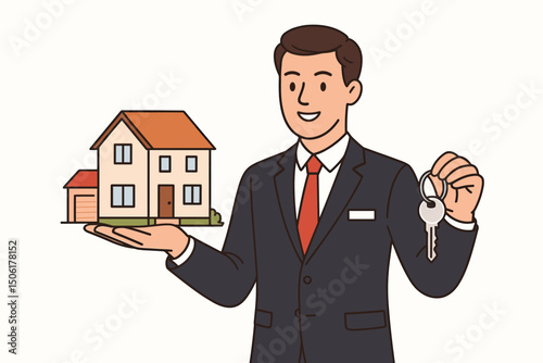Professional real estate agent businessman in suit presenting miniature house model and keys, property sales vector illustration concept for home buying and selling services