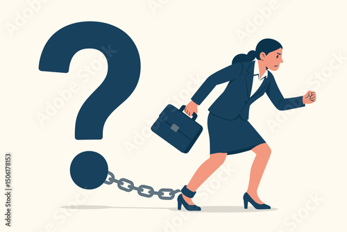 Professional businesswoman running forward despite ball and chain constraints facing uncertainty difficult decisions and career dilemmas vector illustration