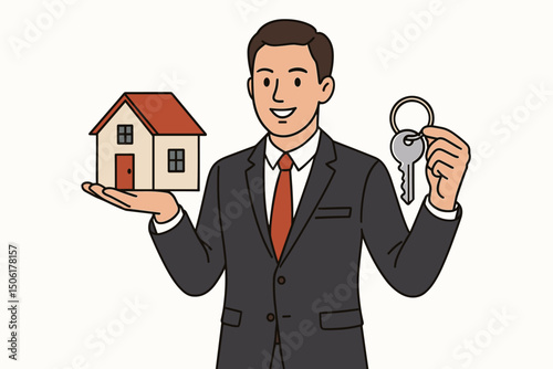 Smiling professional real estate agent businessman in suit holding miniature house model and property keys vector illustration for mortgage and home buying concepts