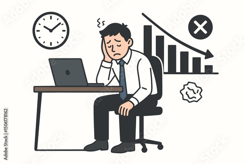 Stressed businessman experiencing workplace burnout with declining financial performance chart and time pressure in modern office environment