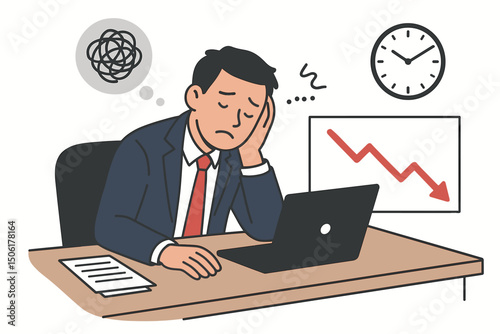 Stressed businessman experiencing workplace burnout and mental fatigue while working on laptop with declining performance chart in modern office environment