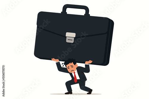 Overwhelmed stressed businessman struggling under enormous heavy briefcase weight, corporate work pressure and business burden concept vector illustration