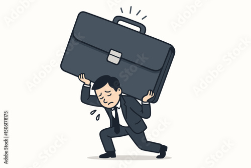 Overwhelmed Businessman Struggling Under Heavy Briefcase Burden - Vector Illustration Depicting Workplace Stress, Corporate Pressure and Professional Business Challenges
